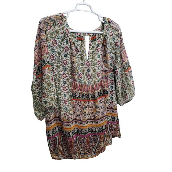 Roz & Ali Tops - Roz & Ali 2X Tunic Blouse Bohemian Keyhole Flowy 3/4 Sleeve Lightweight Casual